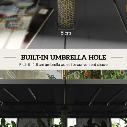 Garden Table with Parasol Hole, Slatted Metal Tabletop, Black