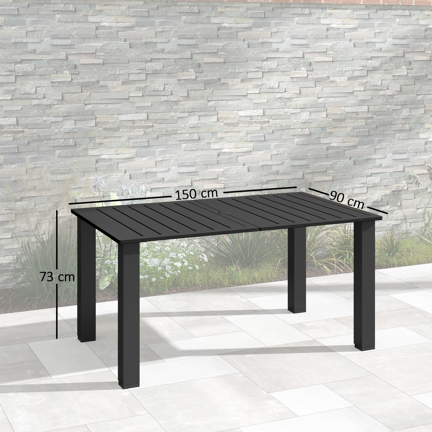 Garden Table with Parasol Hole, Slatted Metal Tabletop, Black
