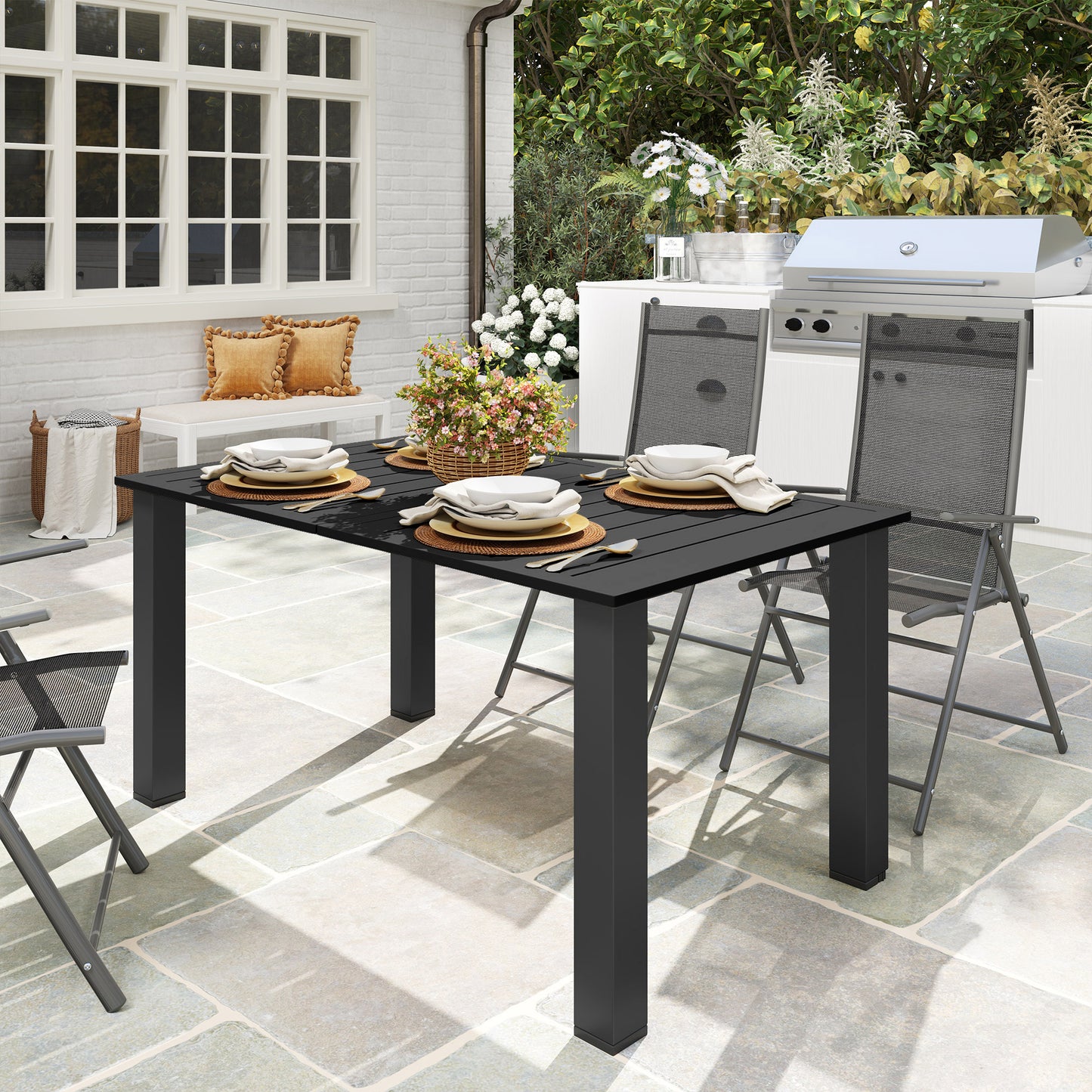 Garden Table with Parasol Hole, Slatted Metal Tabletop, Black