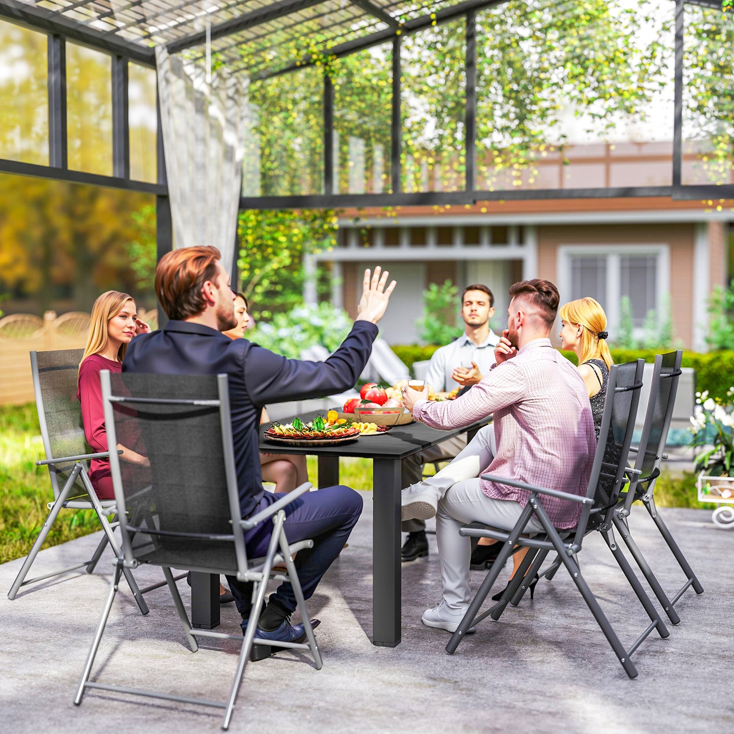Garden Table with Parasol Hole, Slatted Metal Tabletop, Black