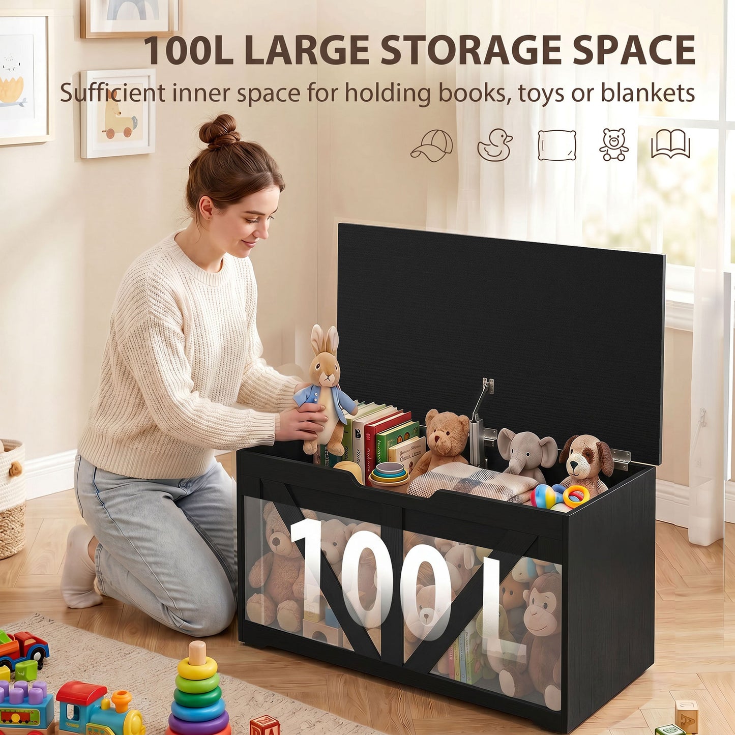 Storage Trunk for Living Room, with Safety Hinge, 80cm, Black