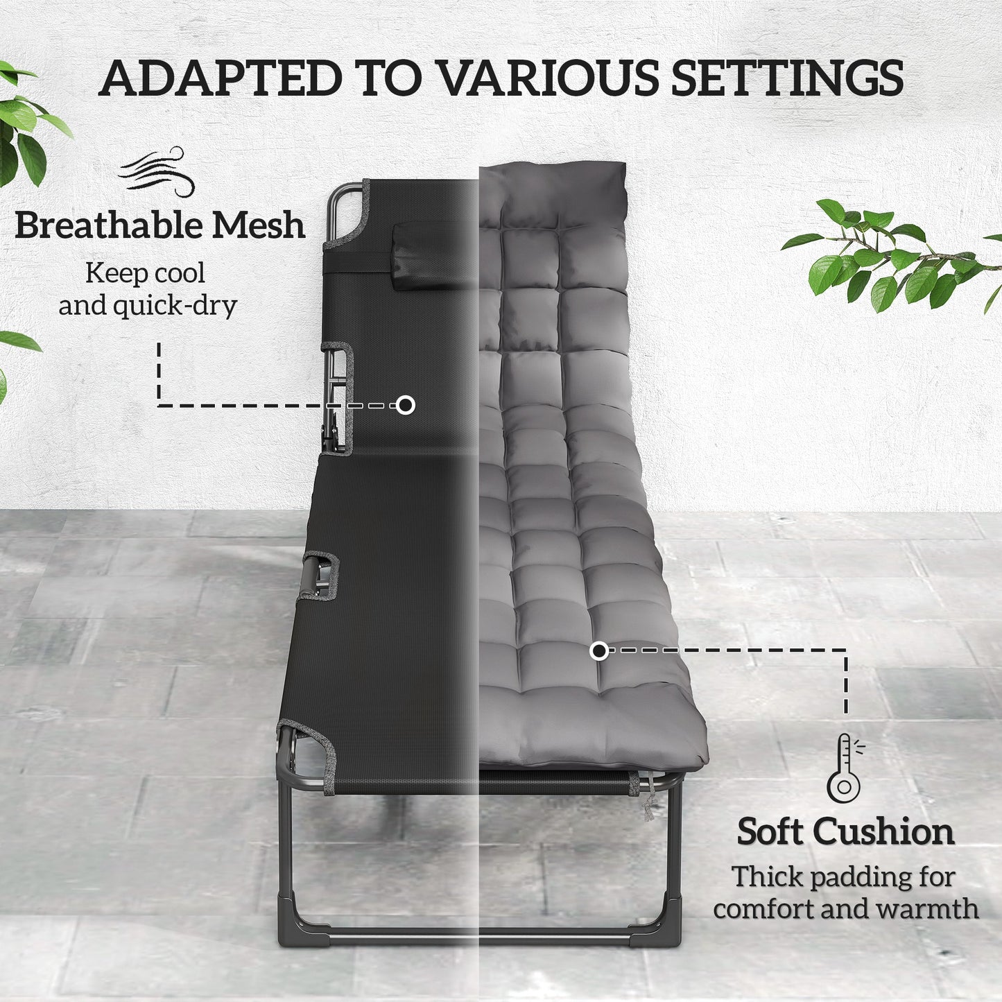 Folding Sun Loungers Set of 2, Oversized Camping Bed, Dark Grey