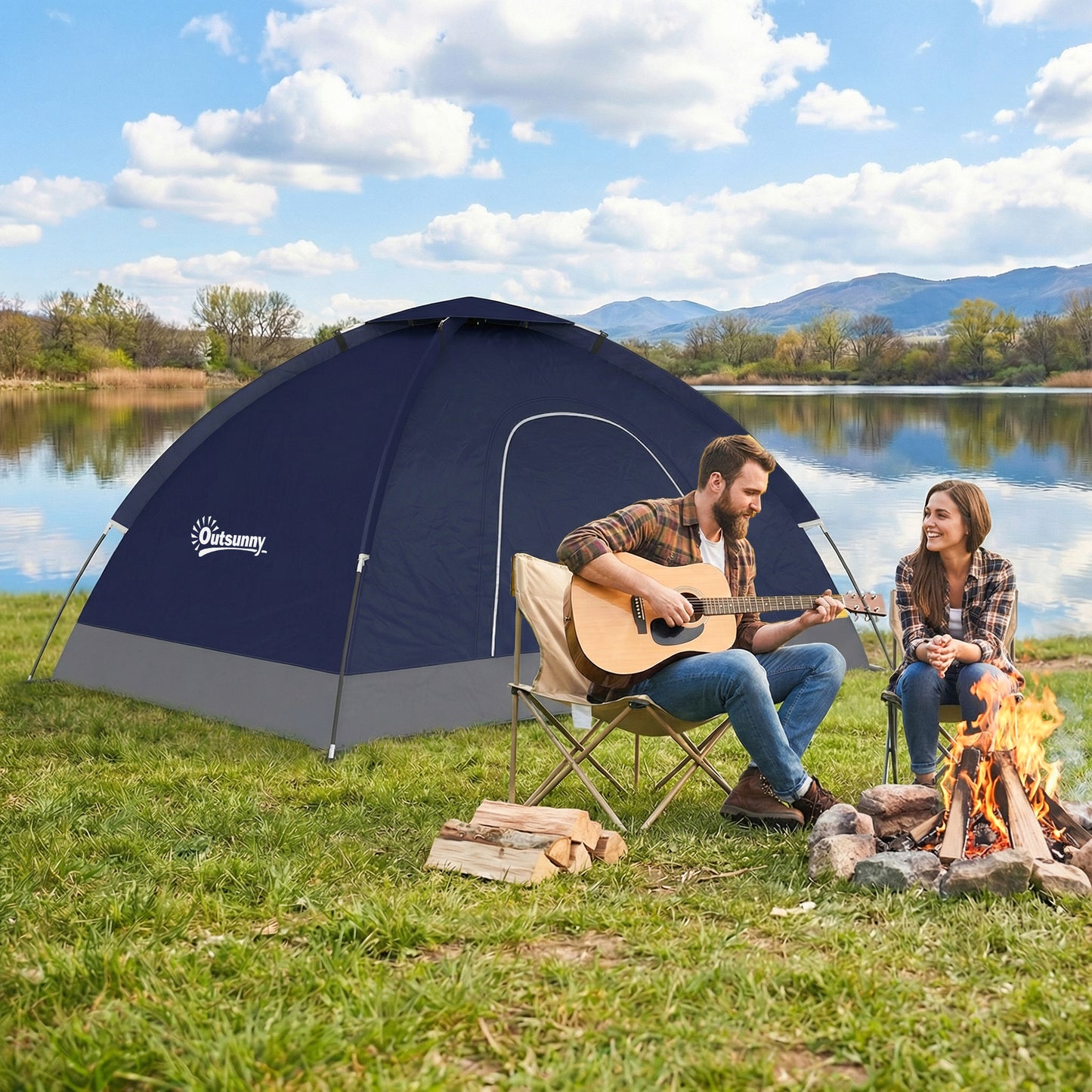 2 Person Camping Tent, Dome Tent with Storage Pocket, Navy Blue