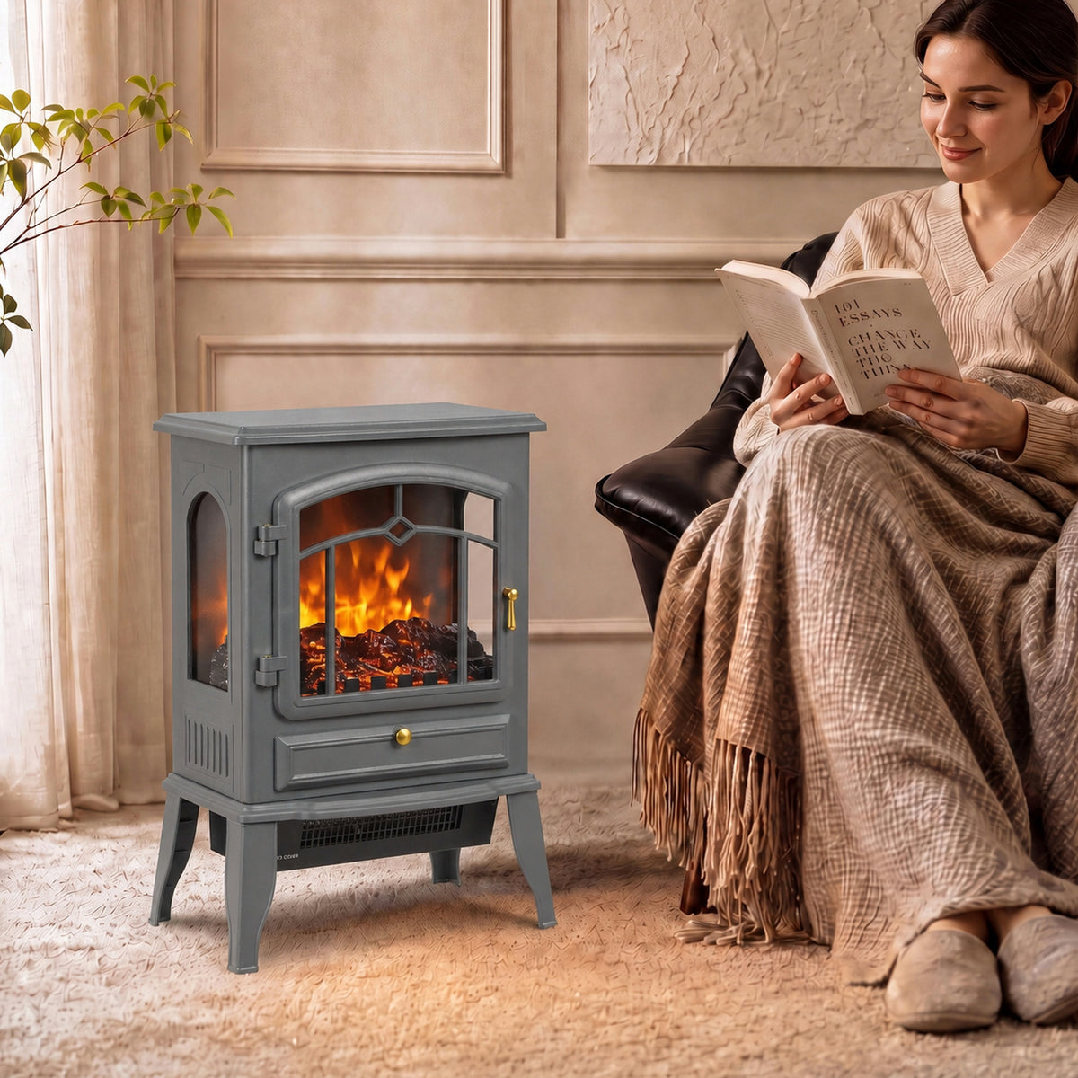 2000W Freestanding Electric Stove with 3-Sided Log Flame Effect - Grey