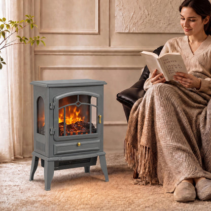 2000W Freestanding Electric Stove with 3-Sided Log Flame Effect - Grey