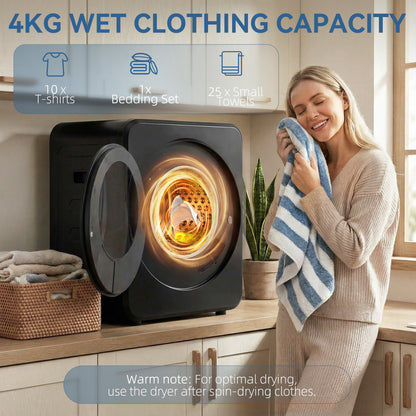 800W Compact Dryer Machine, 4 kg Small Vented Tumble Dryer, Black