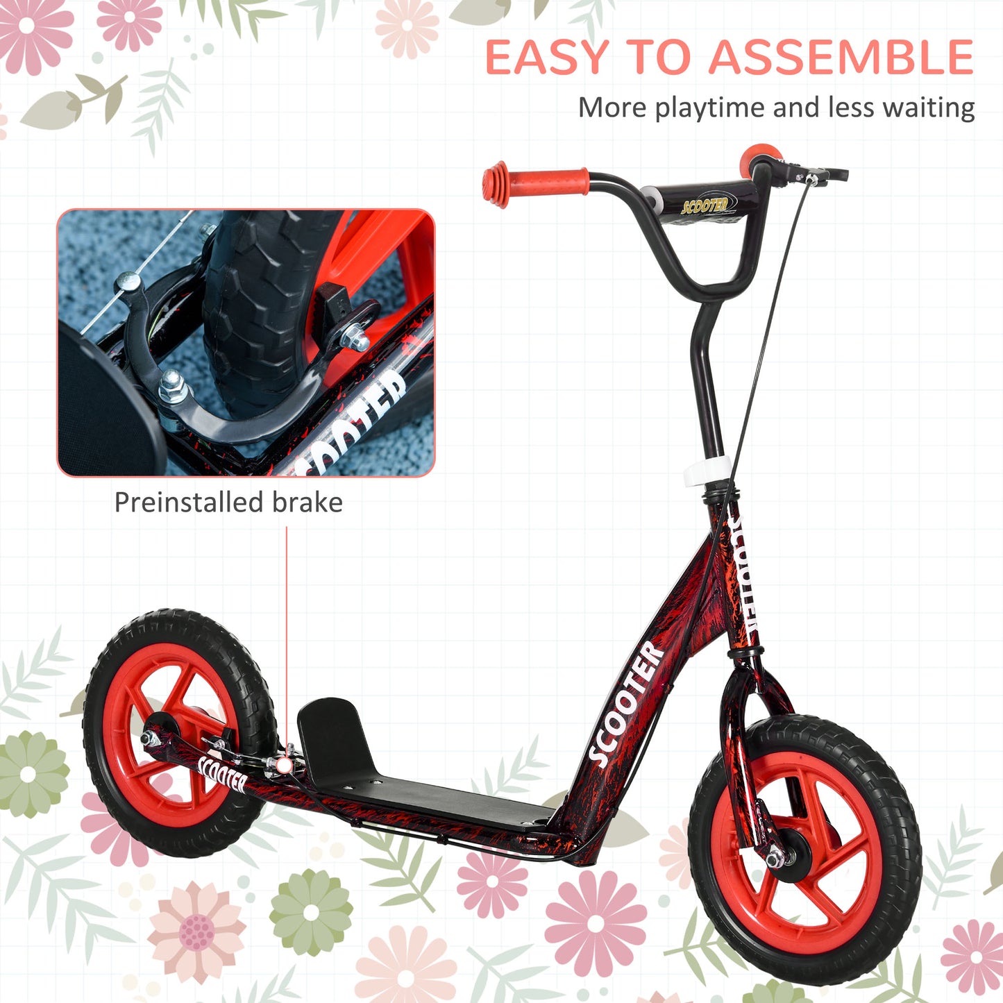 Kids Scooter with Adjustable Handlebar, Kick Scooter, Red