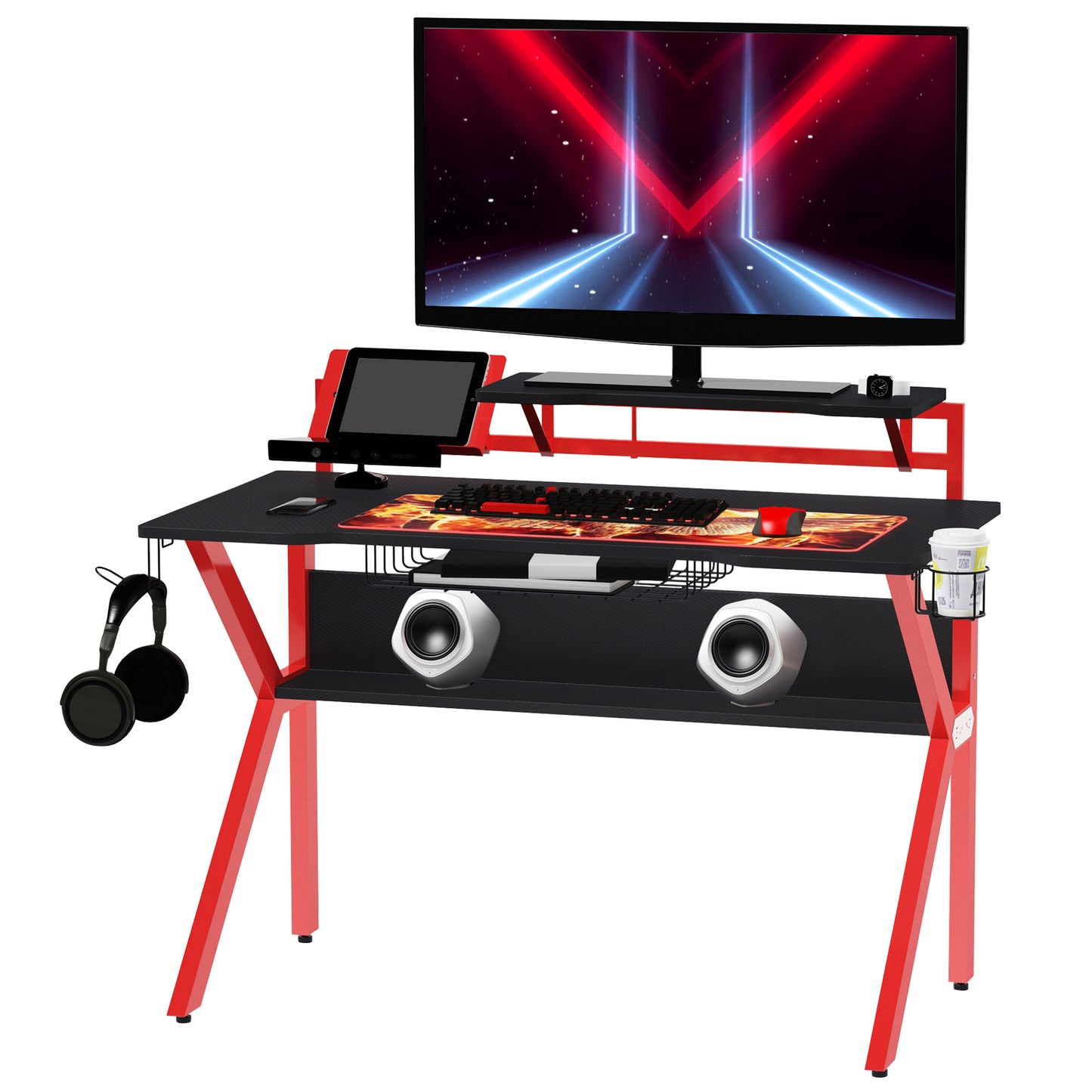 Gaming Desk Computer Table w/ Cup Holder Headphone Hook, Basket, Red