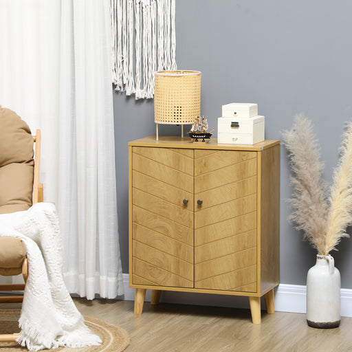 Vintage Storage Cabinet with Double Chevron Doors and Pine Wood Legs, Side Cabinet, Natural Wood Effect