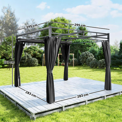 3 x 3 m Garden Pergola with Retractable Canopy, Curtains, Dark Grey