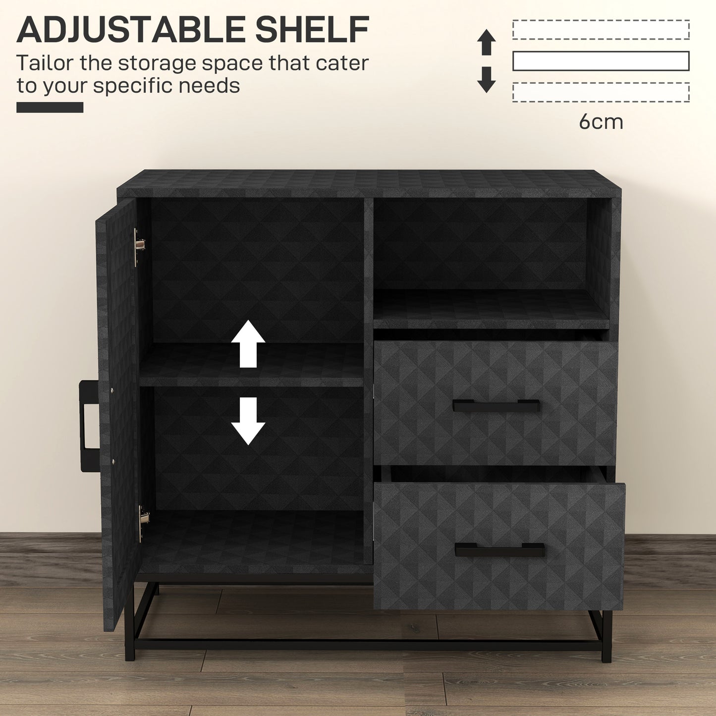 Cupboard with Adjustable Shelf, Open Compartment, 2 Drawers, Black