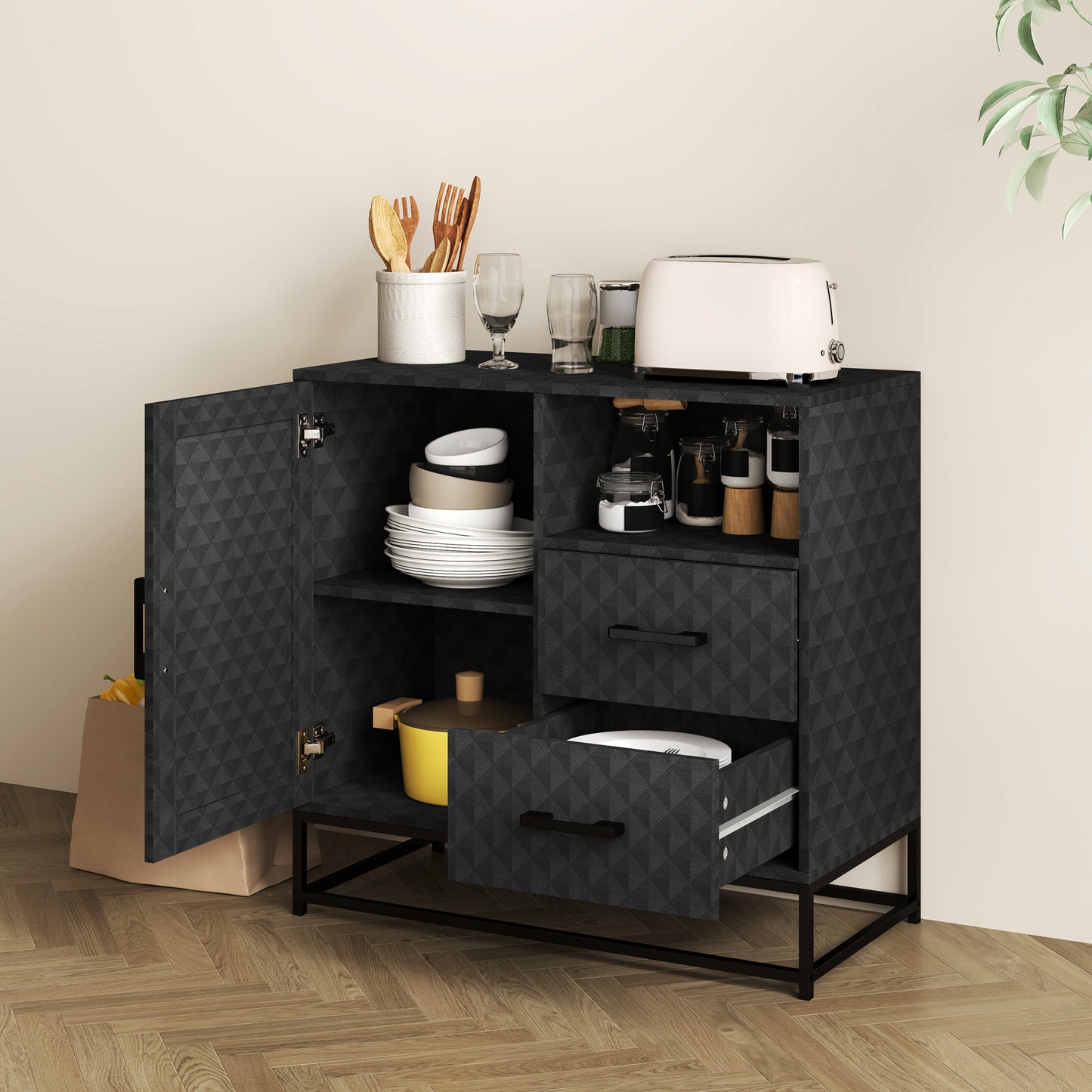 Cupboard with Adjustable Shelf, Open Compartment, 2 Drawers, Black
