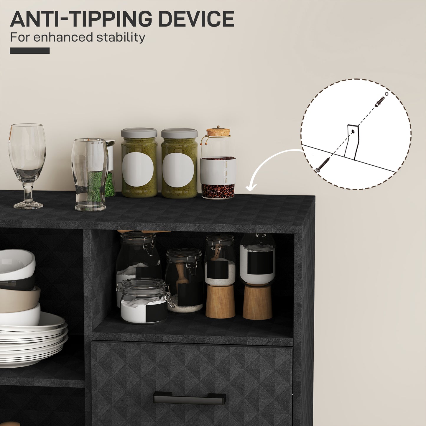 Cupboard with Adjustable Shelf, Open Compartment, 2 Drawers, Black