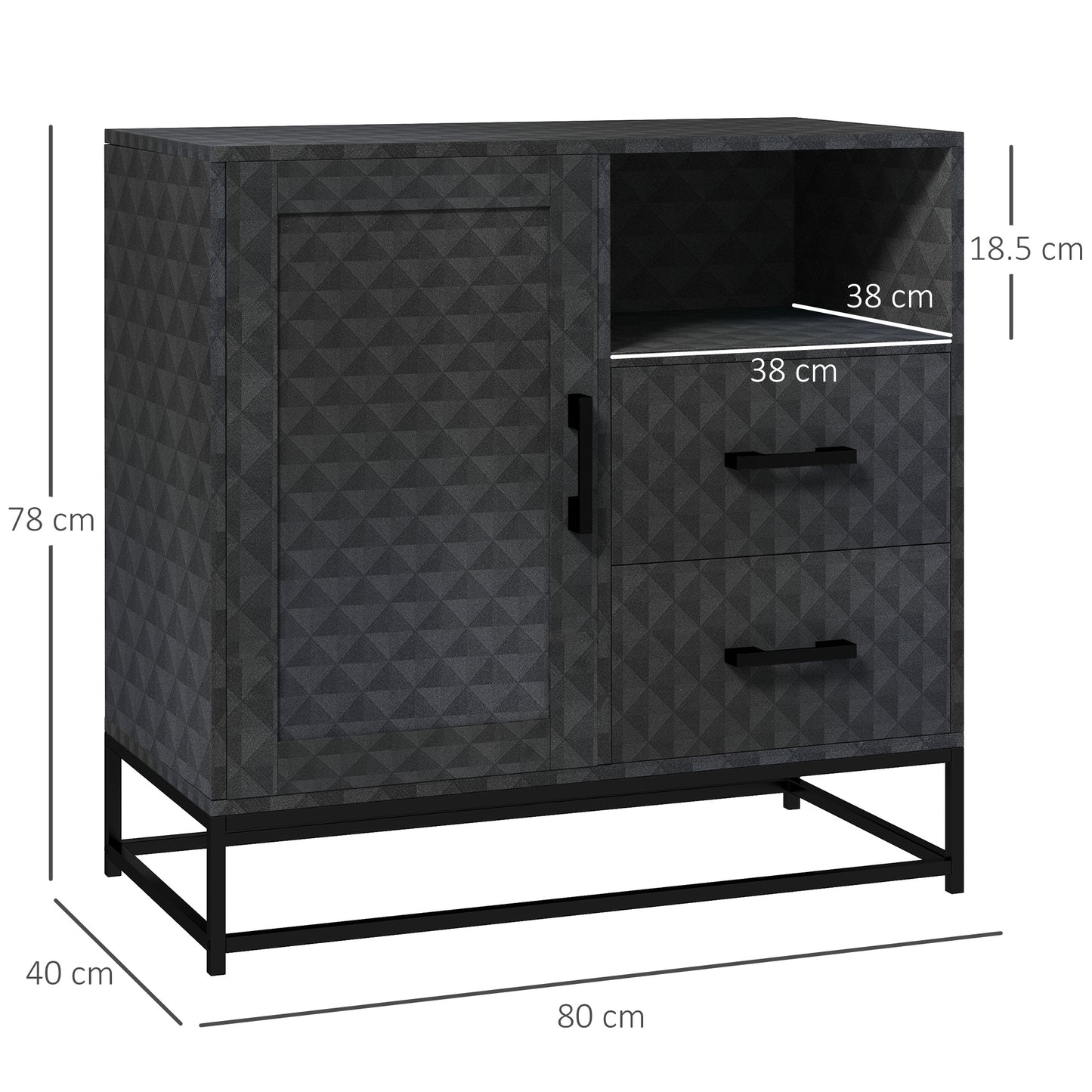 Cupboard with Adjustable Shelf, Open Compartment, 2 Drawers, Black