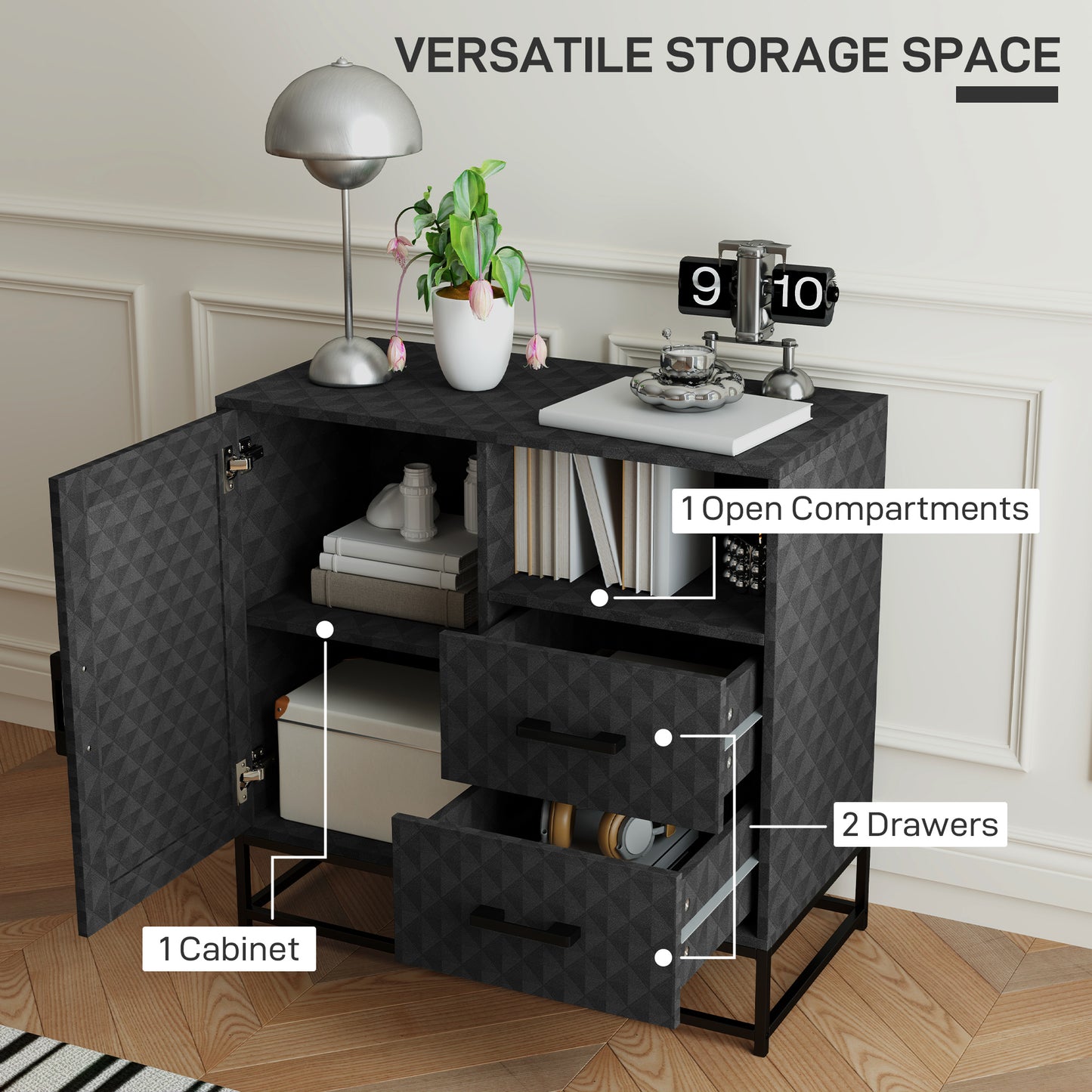 Cupboard with Adjustable Shelf, Open Compartment, 2 Drawers, Black