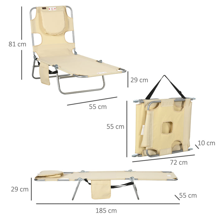 Foldable Sun Lounger, Beach Chaise Lounge with Reading Hole, Arm Slots, 5-Position Adjustable Backrest, Side Pocket, Pillow for Patio, Beige