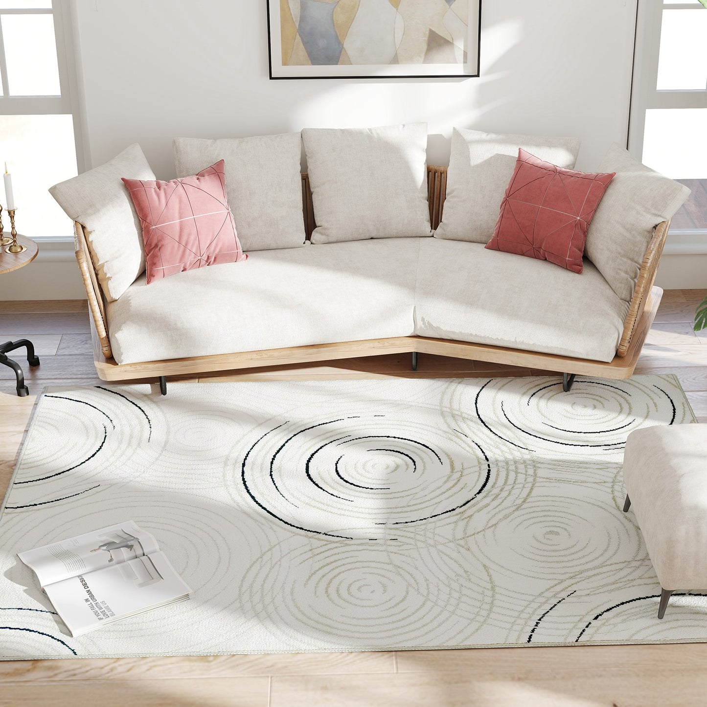 Swirl Pattern Washable Rug, Allergy-Friendly Floor Carpet, Cream