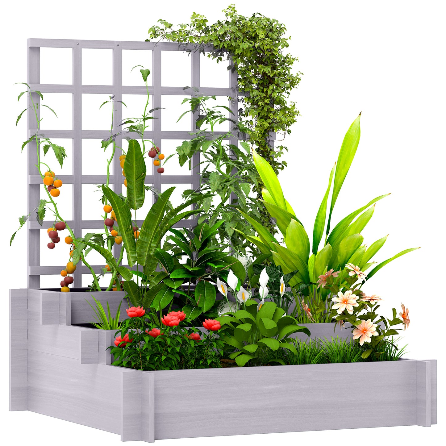 3 Tier Wooden Garden Planters with Trellis for Vine Climbing Plants