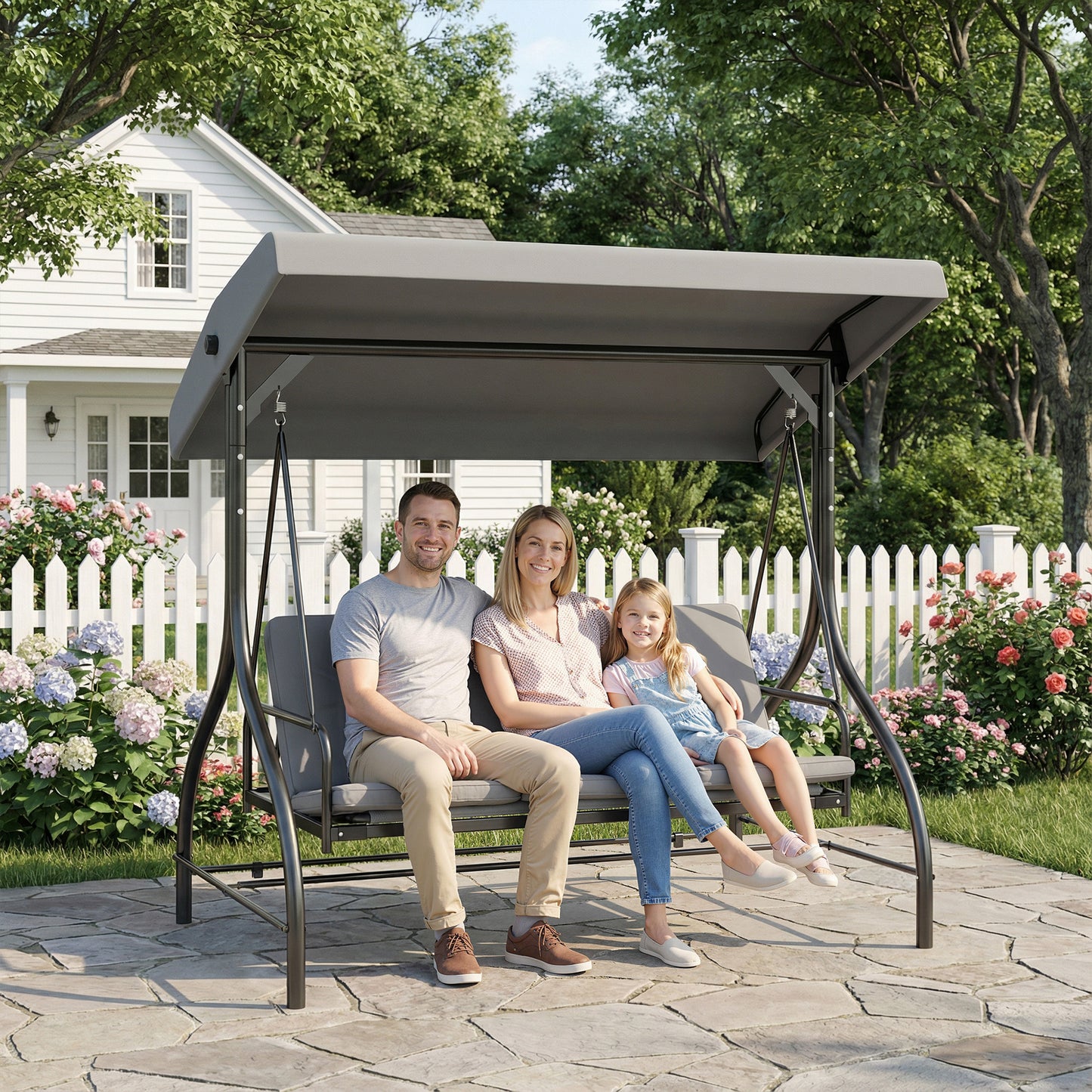 3 Seater Canopy Swing Chair Porch Hammock Bed, Light Grey