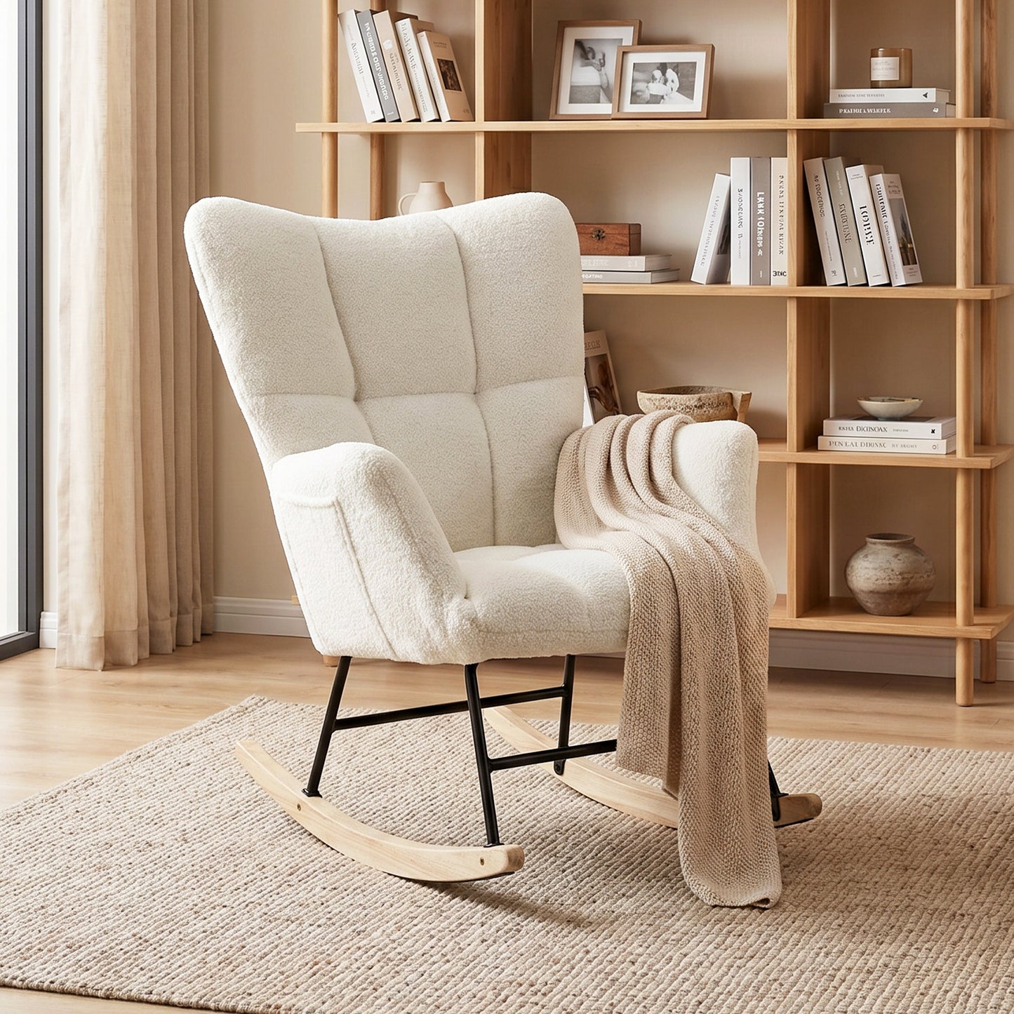 Tufted Rocking Chair with Side Pockets, Cream White