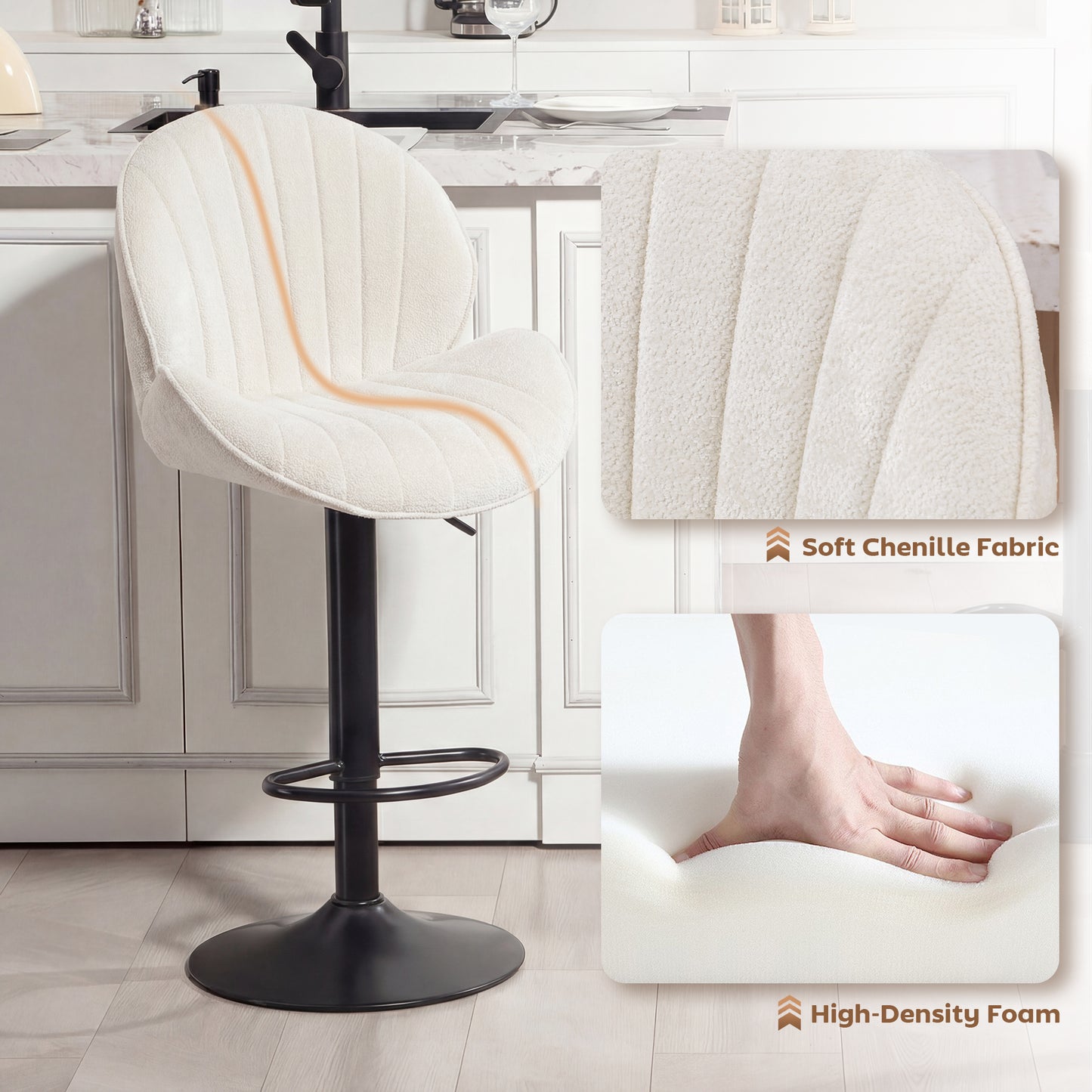 Modern Bar Stools Set of 2, Swivel Counter Height Barstools, Cream