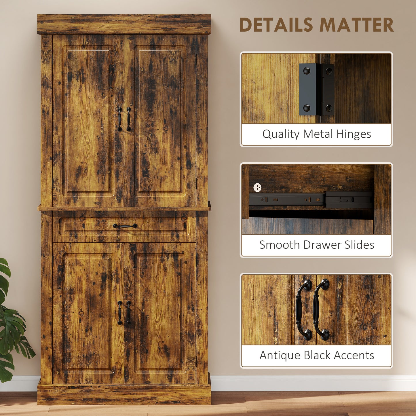 180cm Kitchen Pantry, KitchenStorage Cabinet with Shelves, Brown