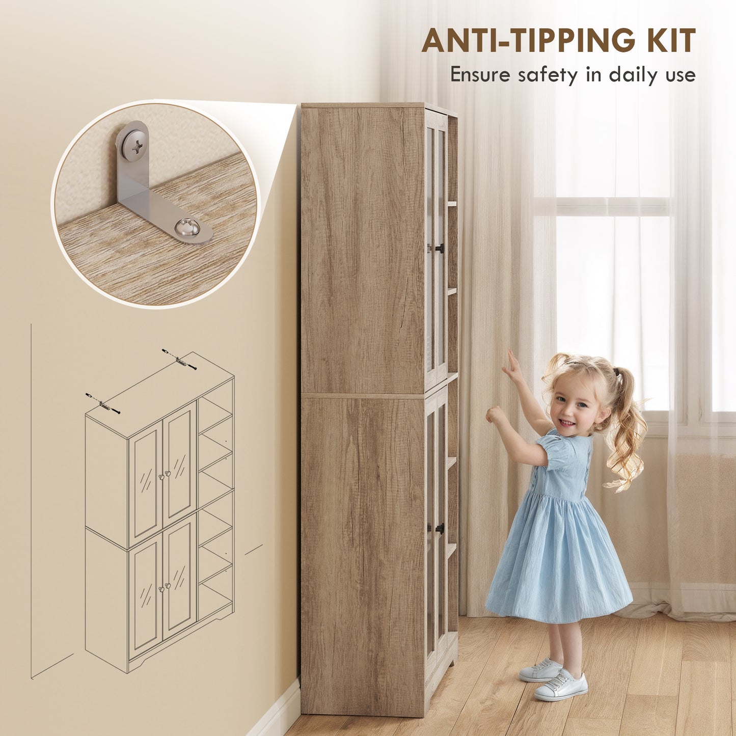 Multi-Storage Kitchen Cabinet, with Glass Doors - Grey Wood-Effect