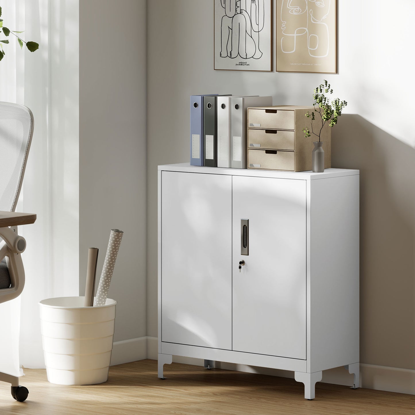Lockable Metal Filing Cabinet, 2-Tier Storage Cupboard, White