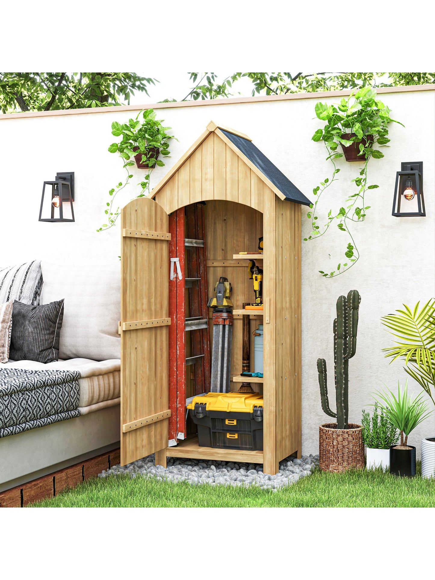 Wooden Garden Storage Shed with 3 Shelves, Outdoor Tool Storage Cabinet with Tilt Roof and Lockable Door, 77.5 x 54.2 x 179.5 cm, Natural