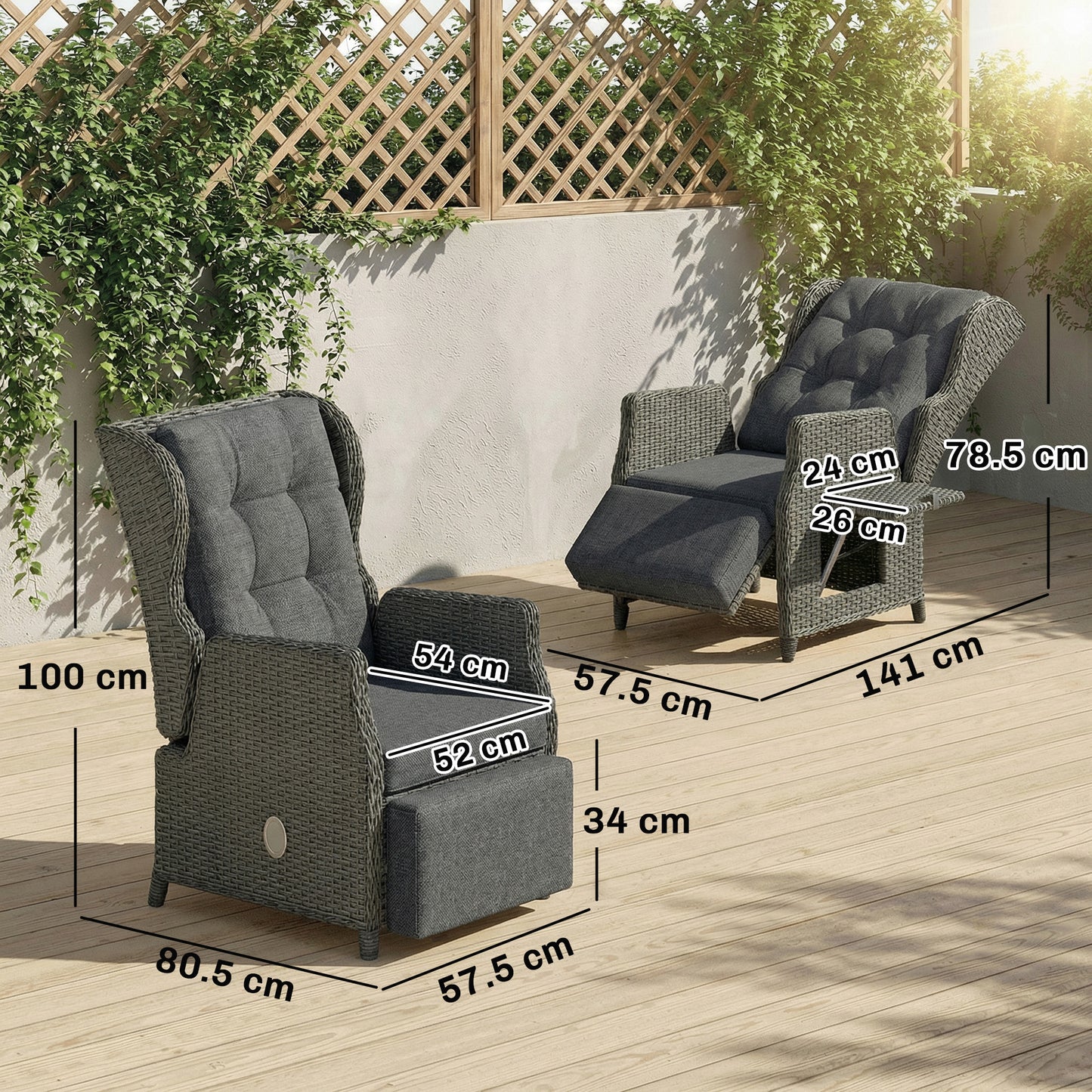 Rattan Garden Recliner Chair with Flip Table, Dark Grey