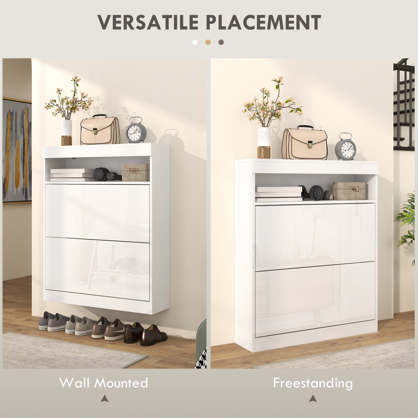 Wall Mounted or Freestanding Shoe Cabinet with 2 Flip Drawers, White