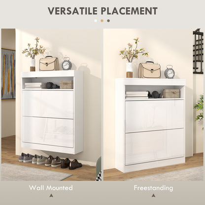 Wall Mounted or Freestanding Shoe Cabinet with 2 Flip Drawers, White