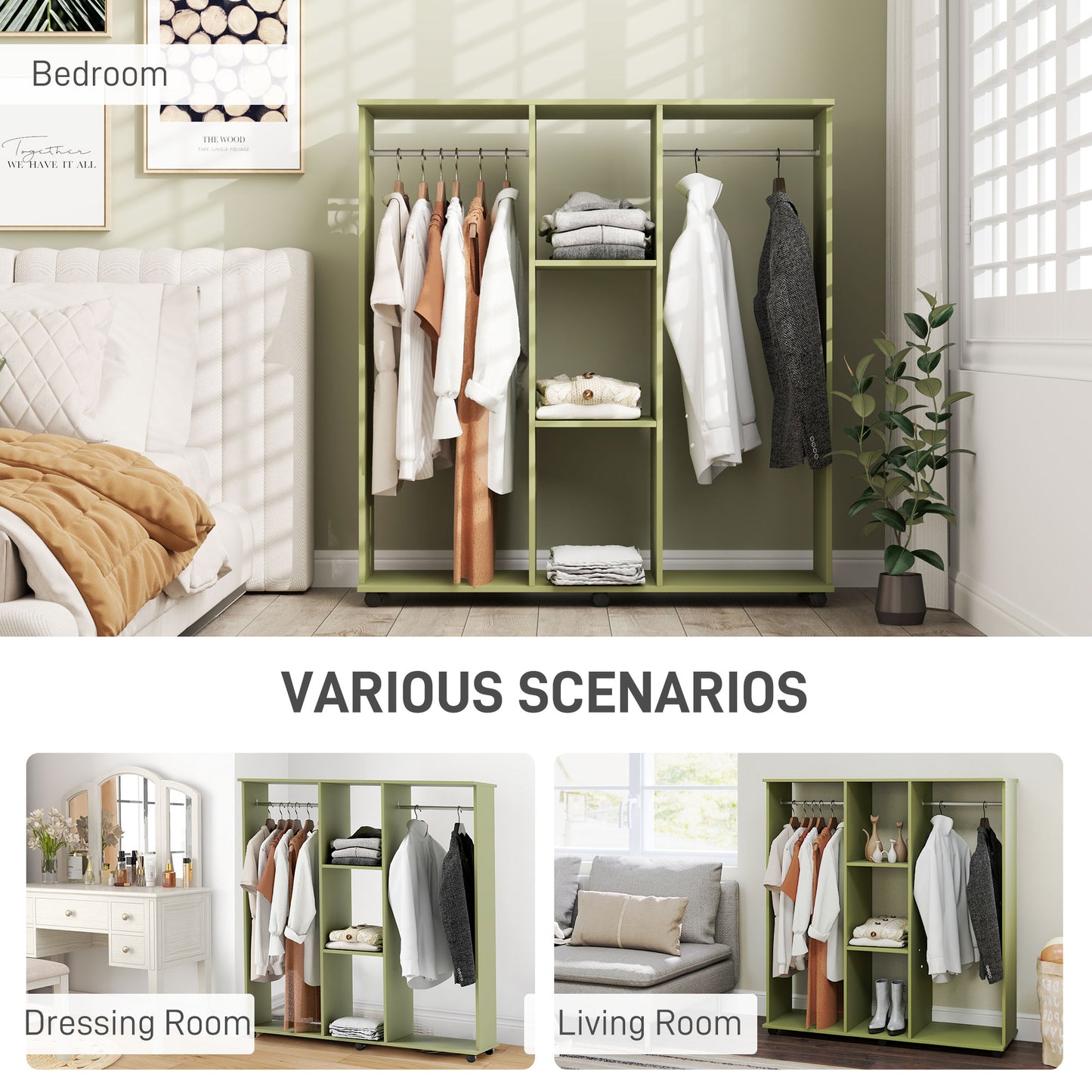 Mobile Double Open Wardrobe w/ Clothes Hanging Rail Colthing, Green