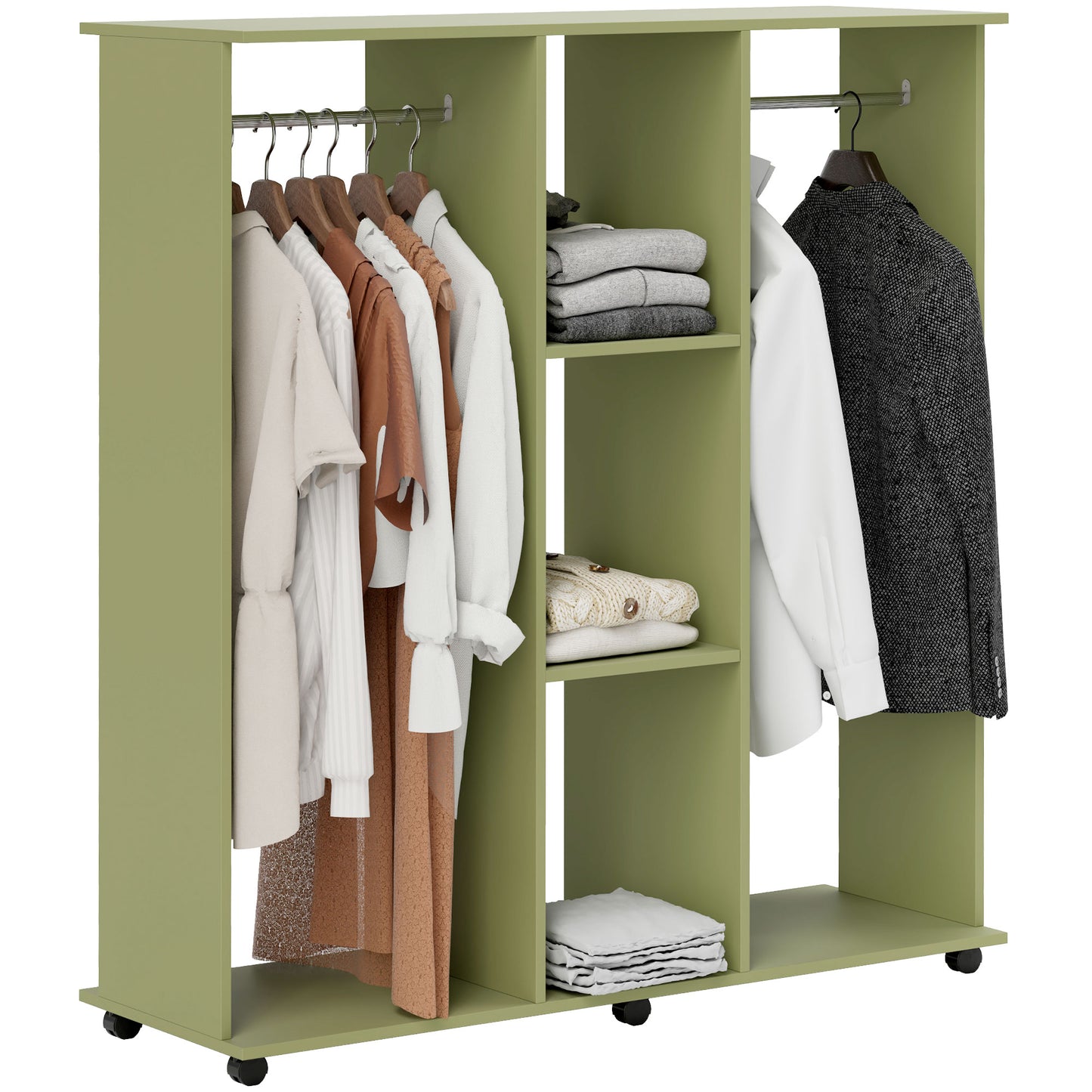 Mobile Double Open Wardrobe w/ Clothes Hanging Rail Colthing, Green