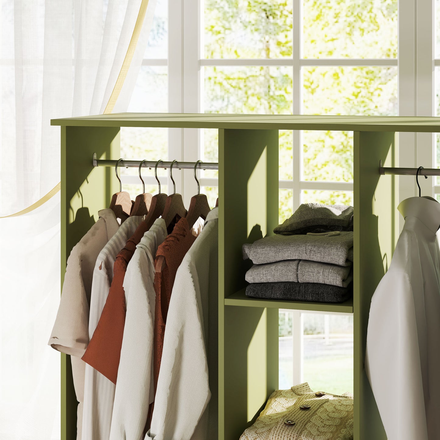 Mobile Double Open Wardrobe w/ Clothes Hanging Rail Colthing, Green