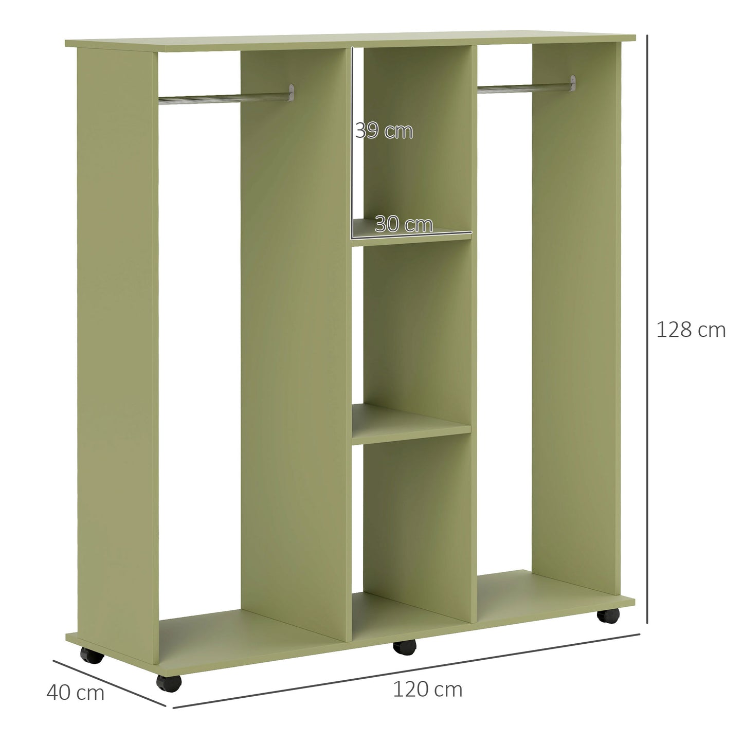 Mobile Double Open Wardrobe w/ Clothes Hanging Rail Colthing, Green