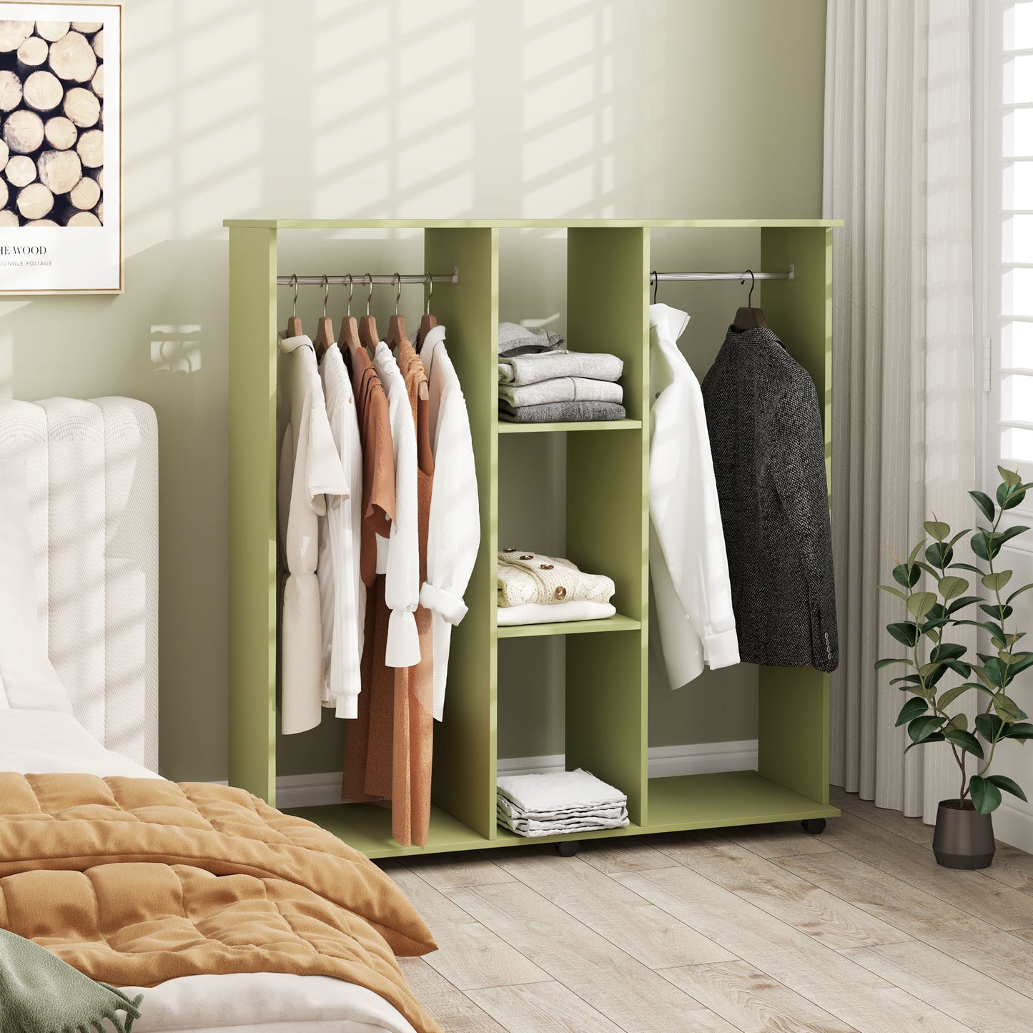 Mobile Double Open Wardrobe w/ Clothes Hanging Rail Colthing, Green