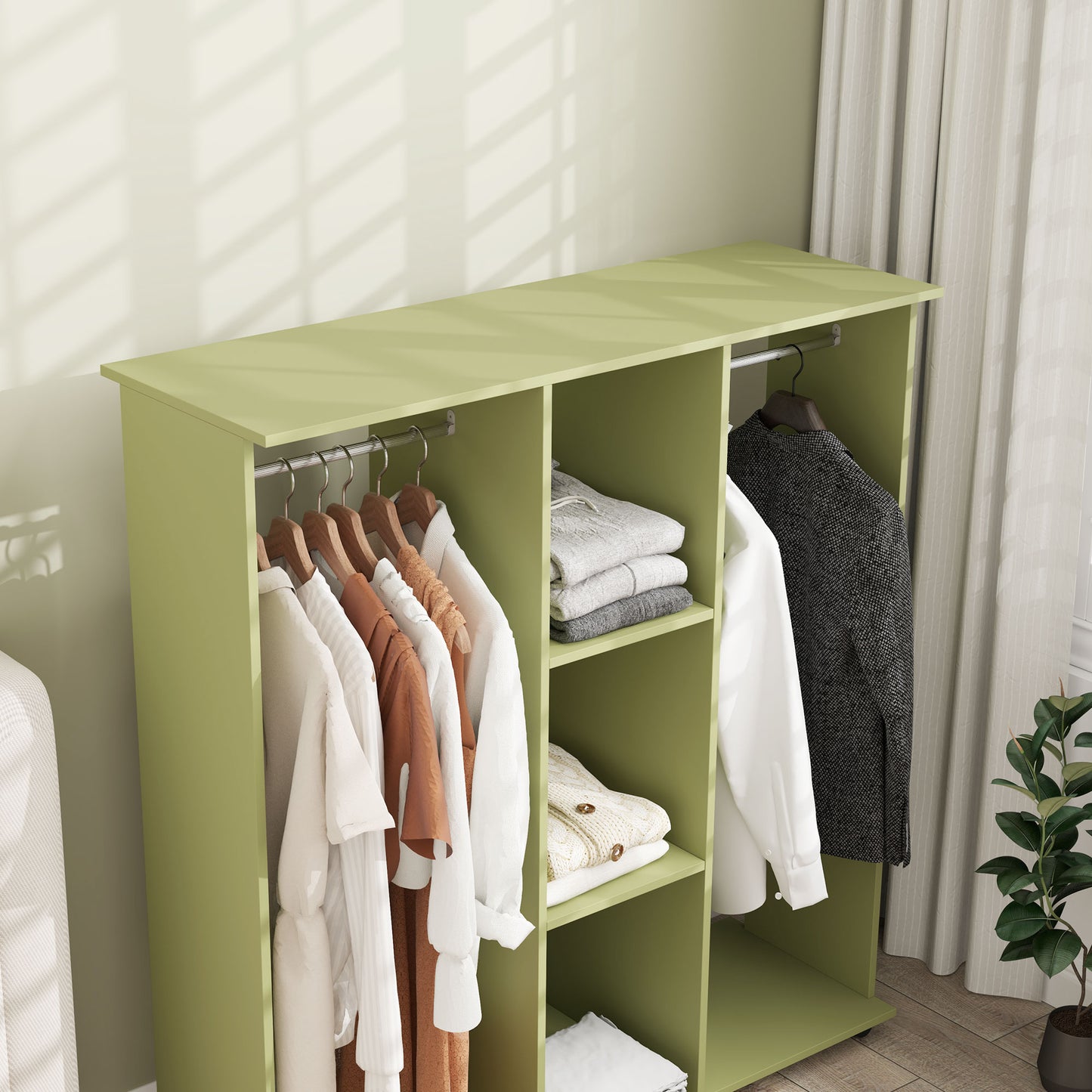 Mobile Double Open Wardrobe w/ Clothes Hanging Rail Colthing, Green