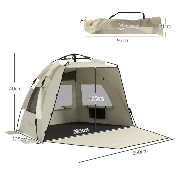 2-3 Person Pop Up Beach Tent, UPF15+ Sun Shelter with Extended Floor, Sandbags, Mesh Windows and Carry Bag, Khaki