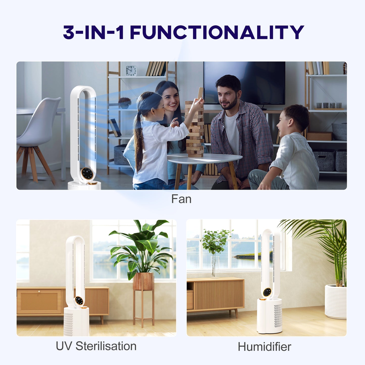 Bladeless Tower Fan with UV Sterilisation & Humidifier, Oscillation