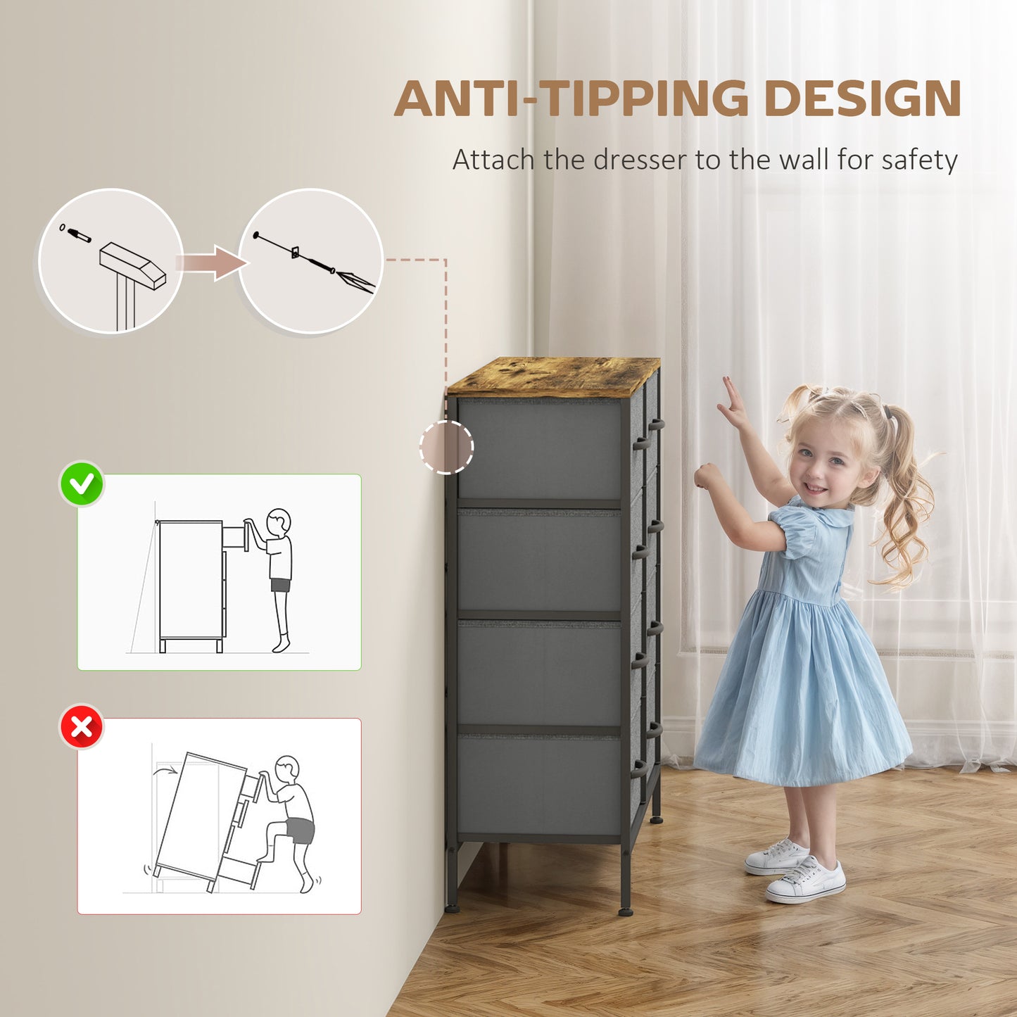 8 Drawer Fabric Chest of Drawers with Wooden Top, Rustic Brown