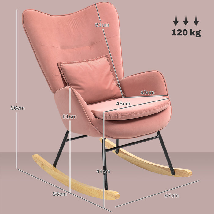 Velvet Rocking Chair with Lumbar Pillow, Rocker Armchair with Metal Legs and Wood Base for Living Room, Bedroom, Pink