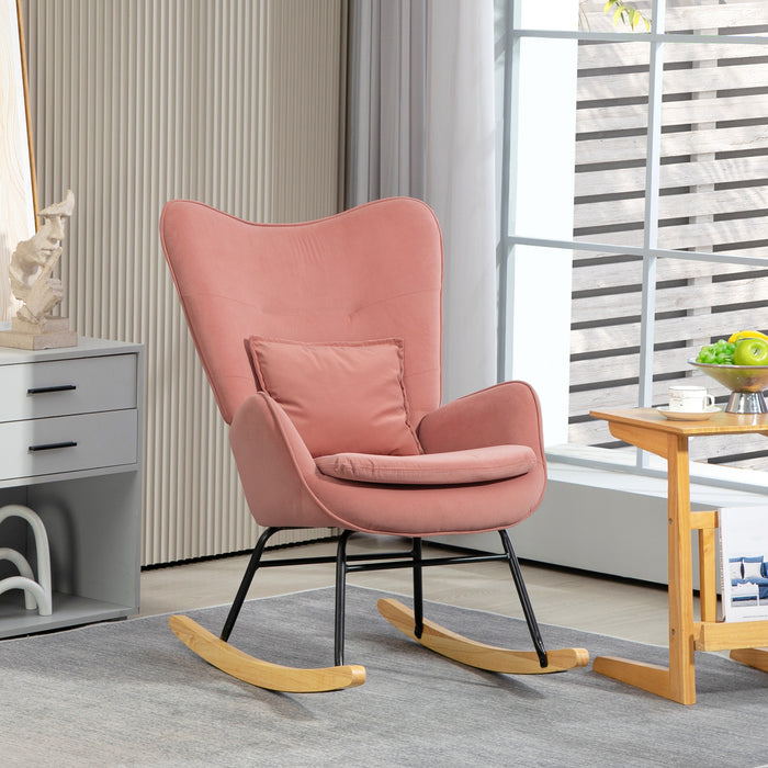 Velvet Rocking Chair with Lumbar Pillow, Rocker Armchair with Metal Legs and Wood Base for Living Room, Bedroom, Pink