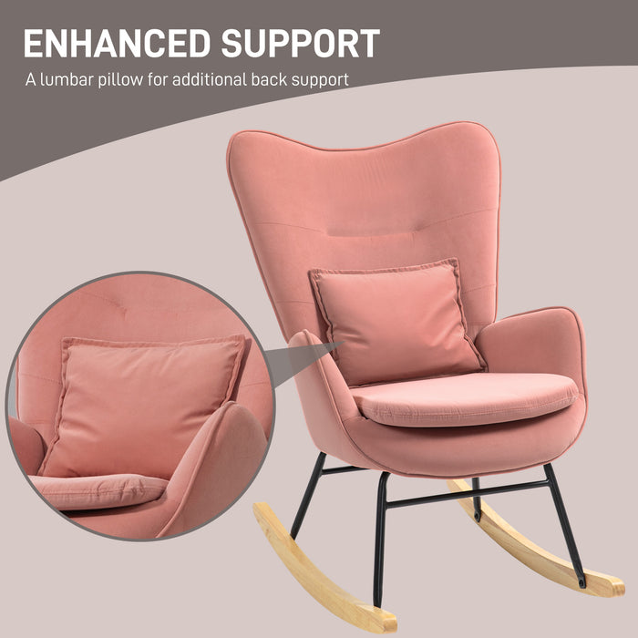 Velvet Rocking Chair with Lumbar Pillow, Rocker Armchair with Metal Legs and Wood Base for Living Room, Bedroom, Pink