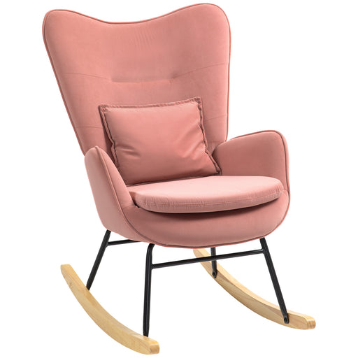 Velvet Rocking Chair with Lumbar Pillow, Rocker Armchair with Metal Legs and Wood Base for Living Room, Bedroom, Pink