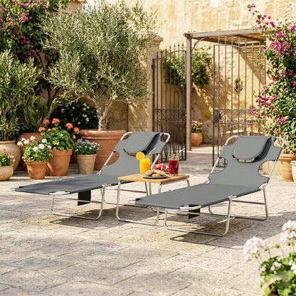 2 Sun Loungers with Reading Hole, Folding Garden Lounger, Dark Grey