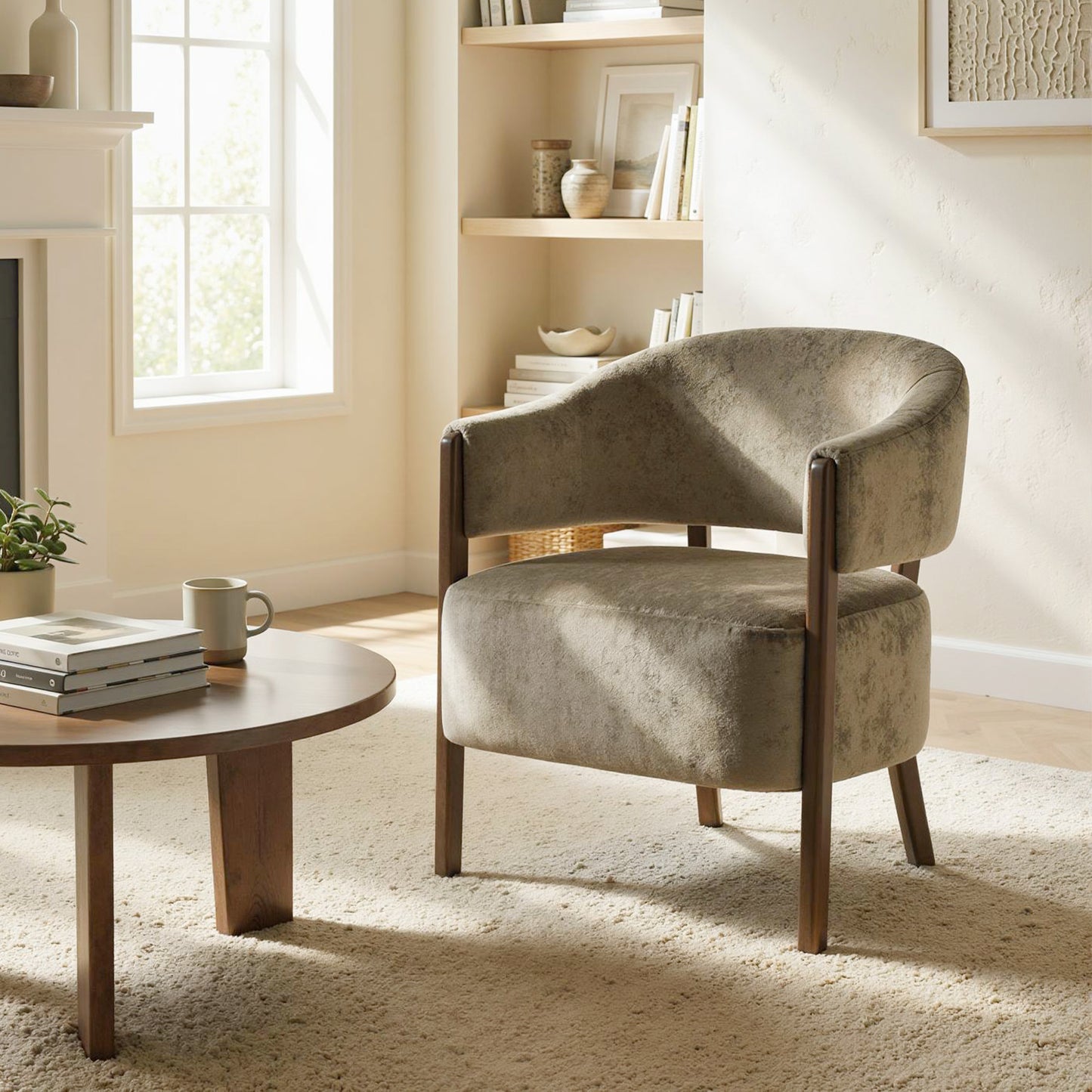 Accent Chair, Upholstered Armchair with Solid Wood Legs, Light Brown