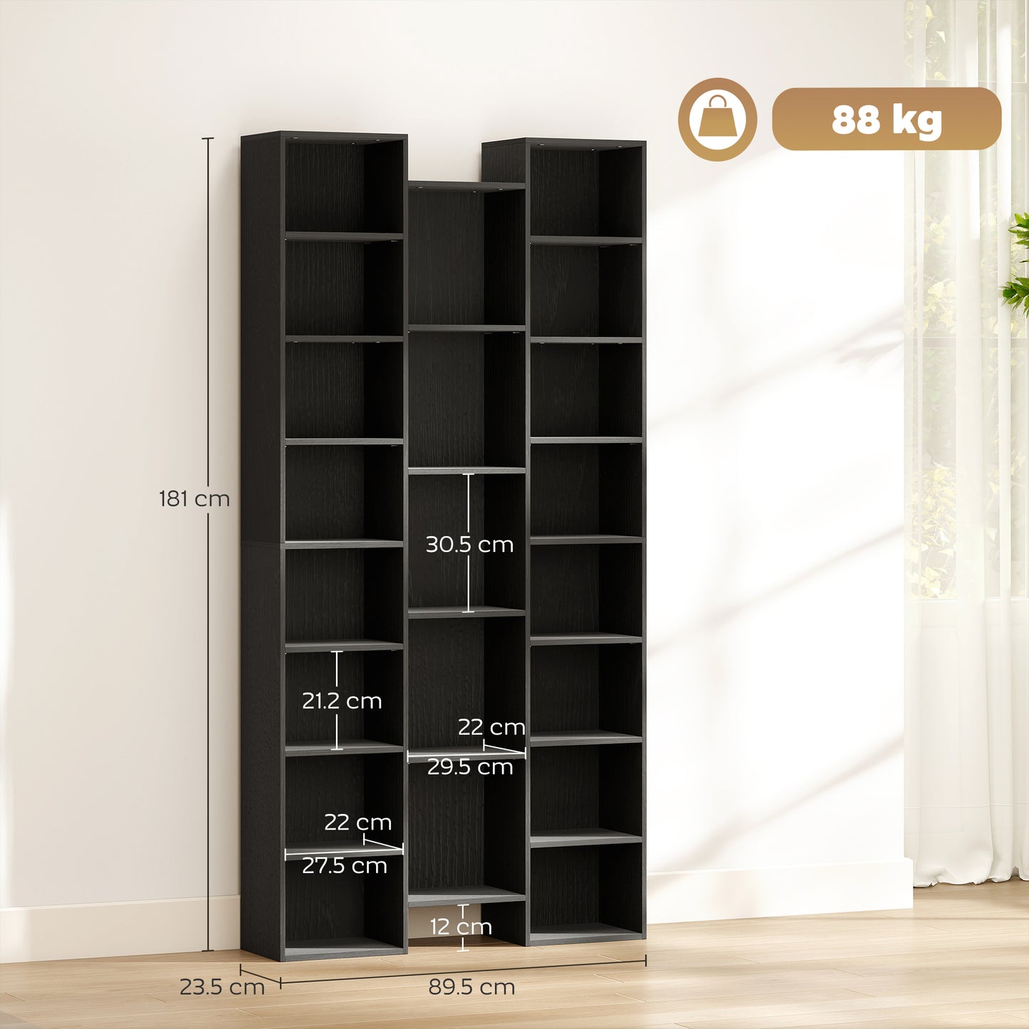 Tall Bookshelf with 21 Compartments and 10 Adjustable Shelves, Black