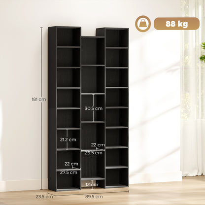 Tall Bookshelf with 21 Compartments and 10 Adjustable Shelves, Black