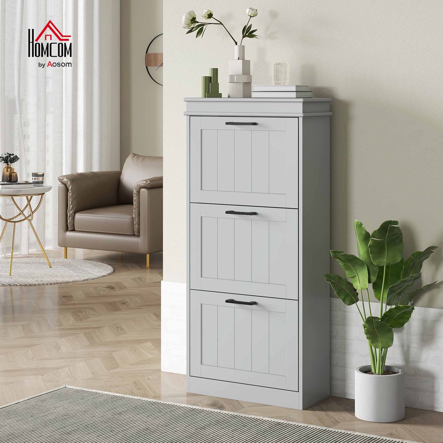 Slim Shoe Storage Cabinet with 3 Flip Drawers for Entryway, Grey